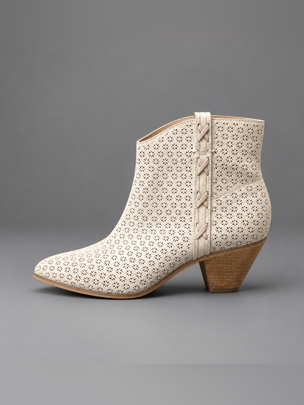 FRYE AND CO. Cream Perforated Leather Ankle Boots with Braided Side Detail